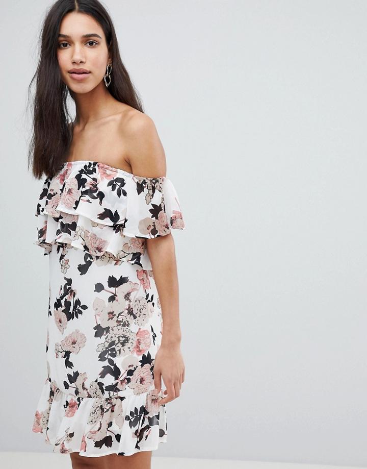 Parisian Off Shoulder Ruffle Mini Dress In Floral Print-white