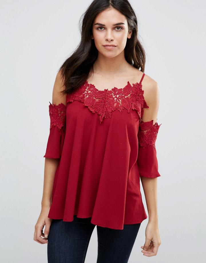Qed London Lace Cold Shoulder Top - Red