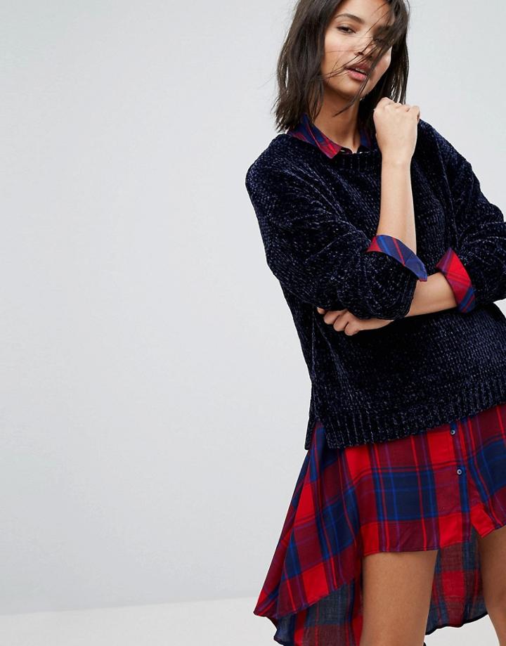 Stradivarius Round Neck Chenille Sweater - Navy
