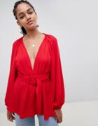 Asos Design Plunge Top With Kimono Sleeve And Belt - Red