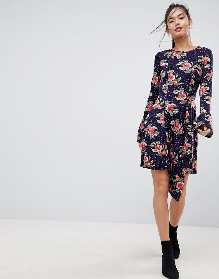 Asos Mini Dress With Hanky Hem And Frill Cuff In Spot Floral Print - Multi