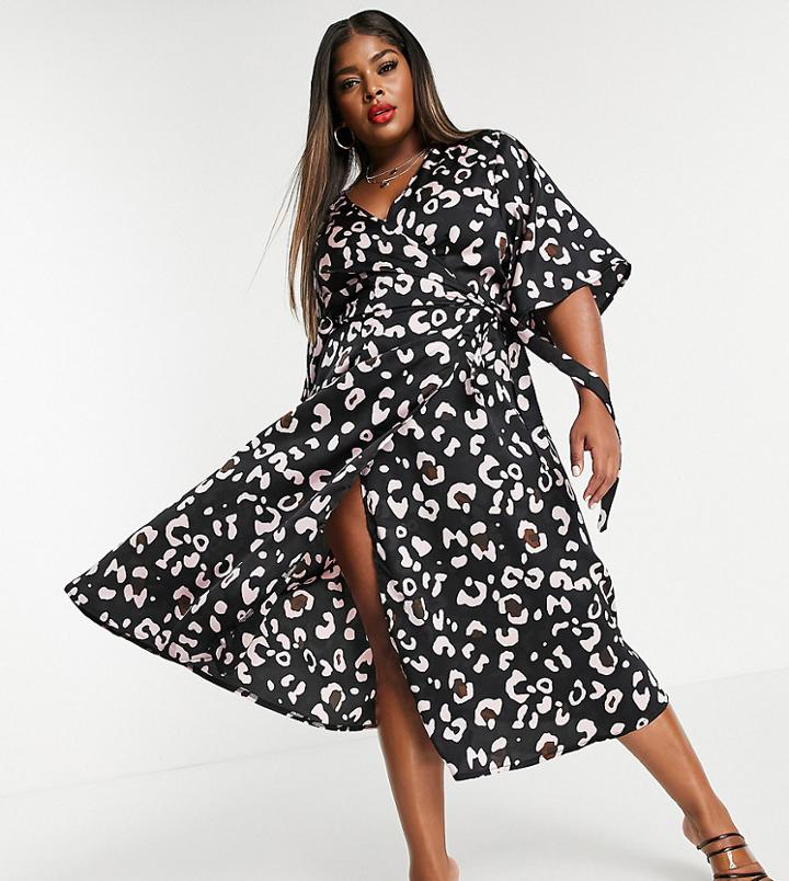 Liquorish Curve Wrap Midi Dress In Animal Print-black