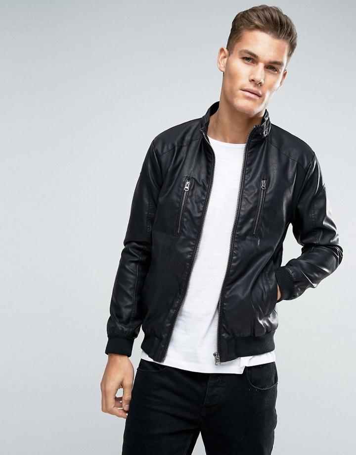 Lindbergh Faux Leather Bomber - Black