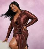 Asos Design Curve Stretch Satin Wrap Midi Dress In Chocolate-brown