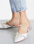 Asos Design Lasting Faux Pearl Ballet Mules In Ivory Satin-white