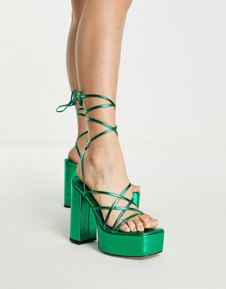 Asos Design Nanon Strappy Platform Heeled Sandals In Green Metallic