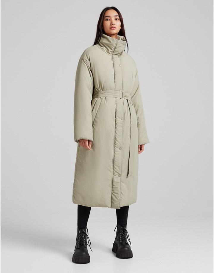 Bershka Belted Nylon Padded Coat In Khaki-green