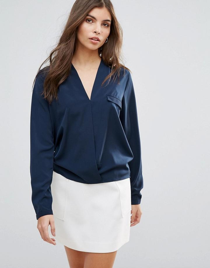 Vila Wrap Front Long Sleeve Blouse - Blue