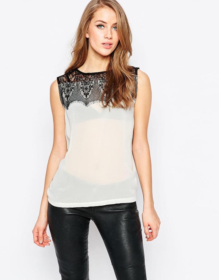 Ax Paris Sleeveless Top With Eyelash Lace Contrast - Cream