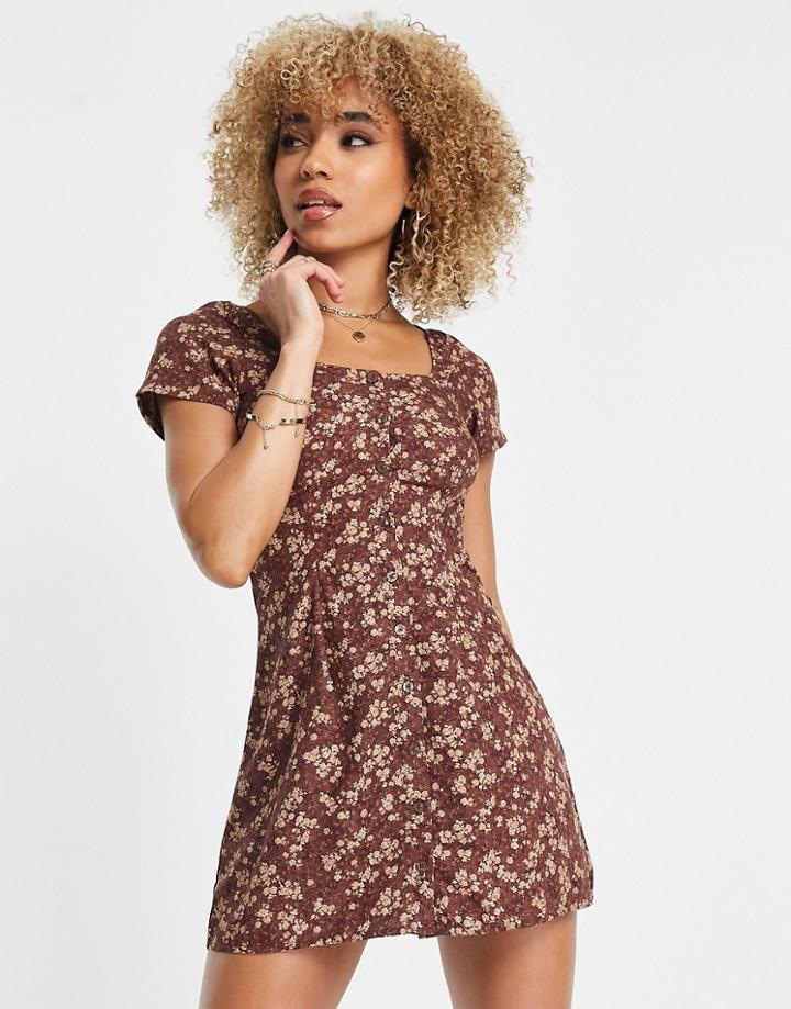 Motel Square Neck Button Front Mini Tea Dress In Brown Floral-multi