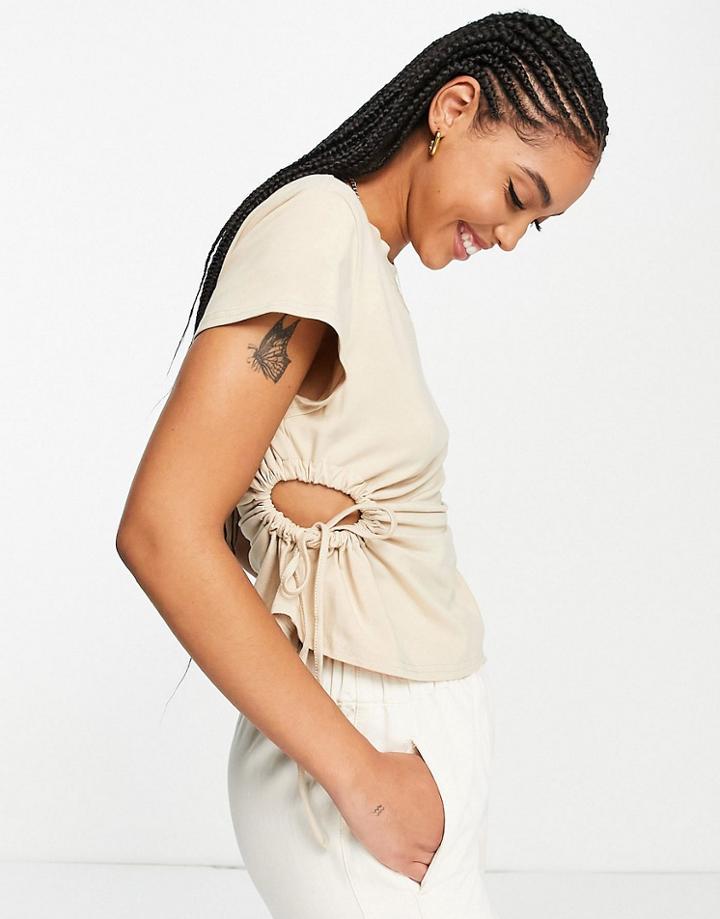 Asos Design Ruched Side Channel Tee With Short Sleeve In Cream-white