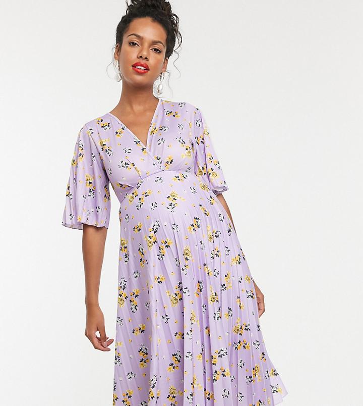 Asos Design Maternity Kimono Pleated Midi Dress In Lilac Floral-multi