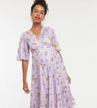 Asos Design Maternity Kimono Pleated Midi Dress In Lilac Floral-multi