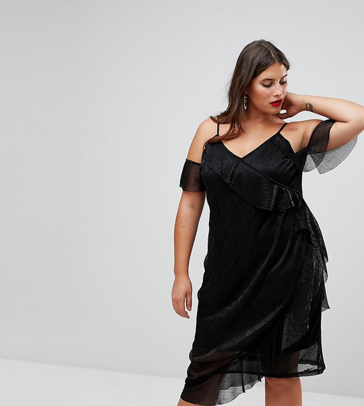 Naanaa Plus Wrap Front Glitter Midi Dress - Black