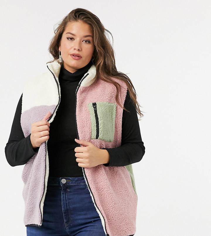 Daisy Street Plus Relaxed Vest In Color Block Teddy-multi