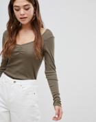 Brave Soul Long Sleeve Top With Sweetheart Neckline - Green