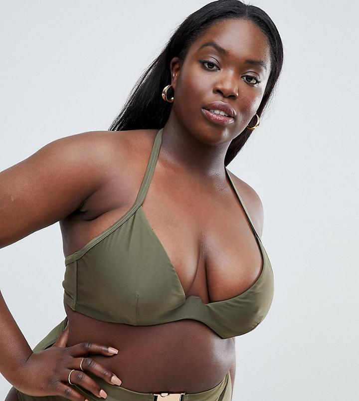 Wolf & Whistle Curve Exposed Cradle Bikini Top In Black In Khaki-green