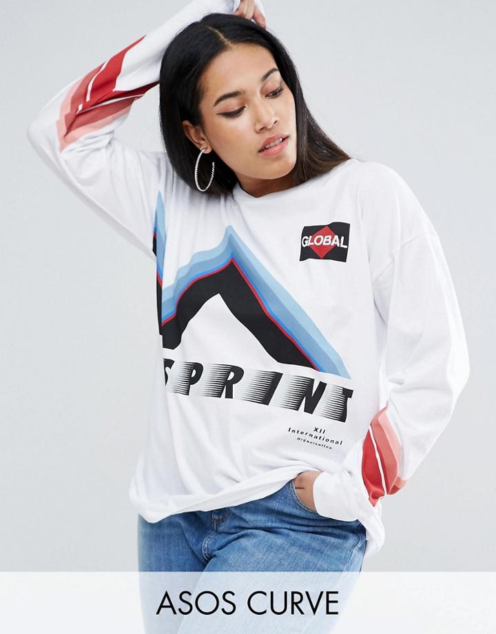 Asos Curve Ultimate T-shirt With Long Sleeve With Sports Logo Print - White
