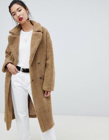 Na-kd Borg Longline Coat In Brown - Brown