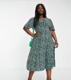 Asos Design Curve Button Through Tie Back Midi Tea Dress With Angel Sleeve In Black Floral Print-multi