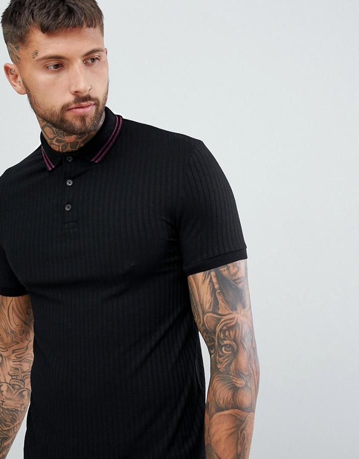 Asos Design Longline Muscle Polo In Rib With Stretch And Tipping - Multi