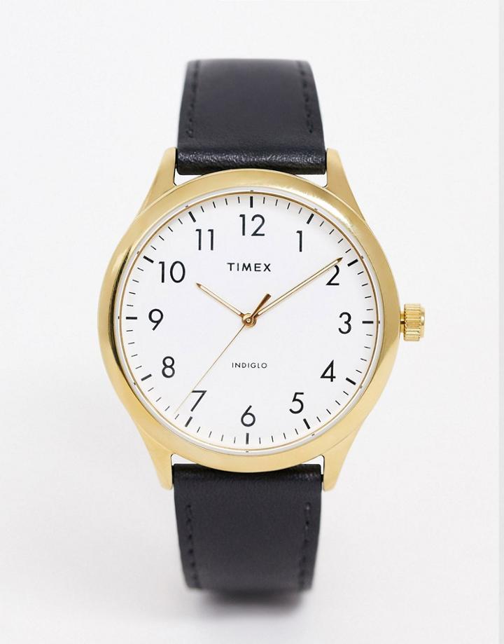 Timex Easy Reader Leather Watch In Black 40mm