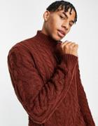 Asos Design Heavyweight Cable Knit Half Zip Sweater In Auburn