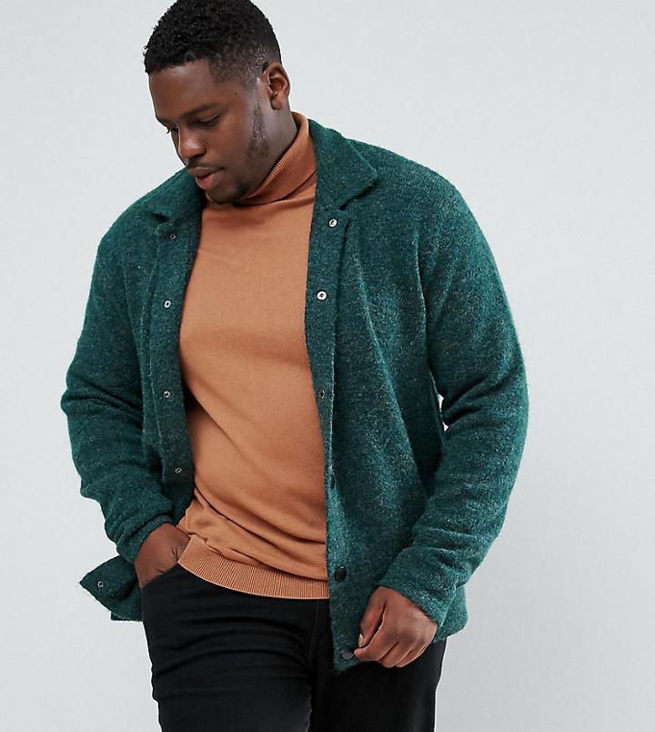 Asos Plus Knitted Harrington Jacket In Hairy Yarn In Green - Green