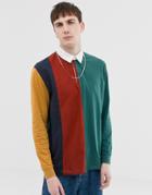 Asos Design Relaxed Long Sleeve Rugby Polo Shirt With Vertical Color Block - Multi