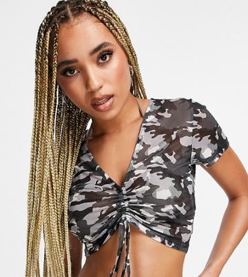 Twiin Exclusive Ruched Front Mesh Beach Top In Camo Print-multi