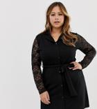 Pink Clove Button Through Shirt Dress With Tie Waist And Contrast Lace Sleeves-black