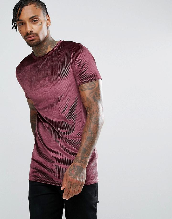 Asos Longline Muscle T-shirt In Rib Velour In Burgundy - Red