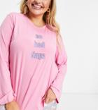 Loungeable Curve 'no Bad Days' Long Sleeved Top With Long Pj Pants-blues