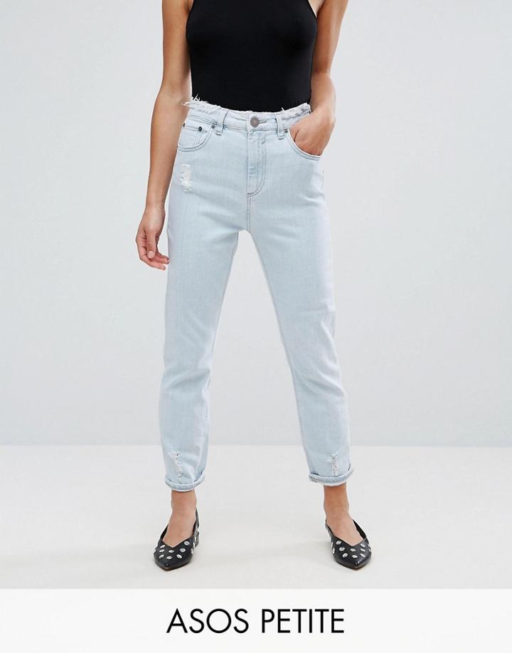 Asos Petite Farleigh Slim Mom Jeans In Henrietta Wash With Raw Waist And Raw Hem - Blue
