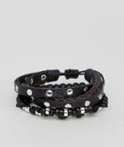 Asos Studded Leather And Bead Bracelet Pack In Burnished Silver - Black