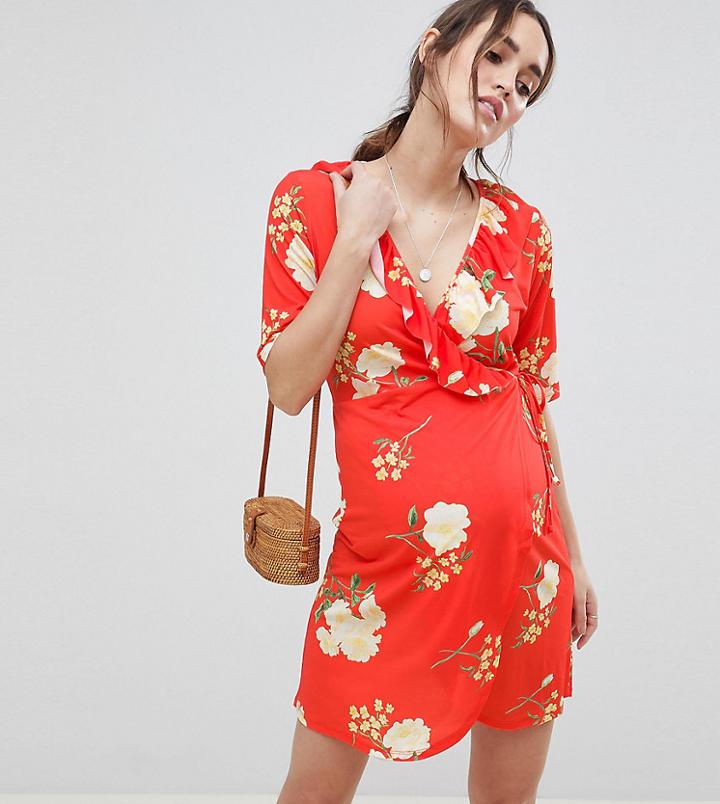 Asos Design Maternity Nursing Wrap Front Tea Dress With Frill In Floral Print-multi