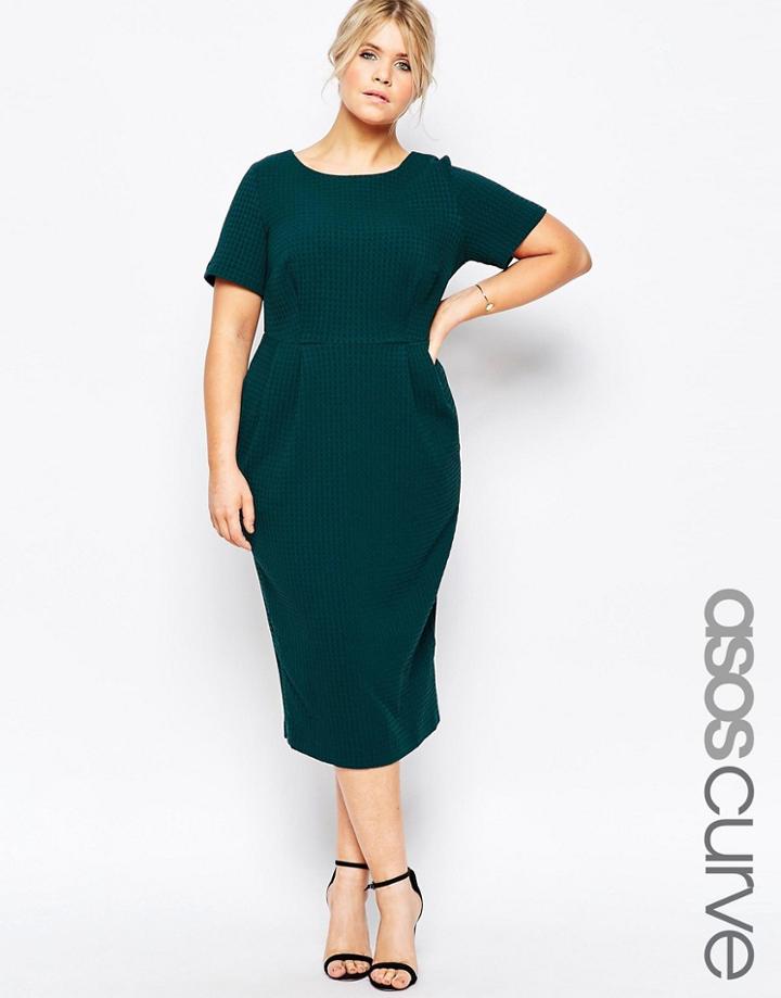 Asos Curve Midi Wiggle Dress In Texture - Green