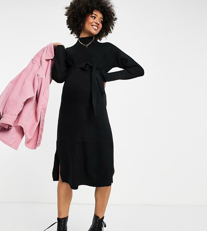 New Look Maternity Roll Neck Tie Waist Sweater Midi Dress In Black