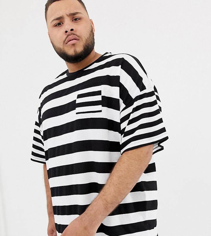 Asos Design Plus Oversized Striped T-shirt With Contrast Stripe Chest Pocket - Black