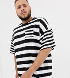 Asos Design Plus Oversized Striped T-shirt With Contrast Stripe Chest Pocket - Black