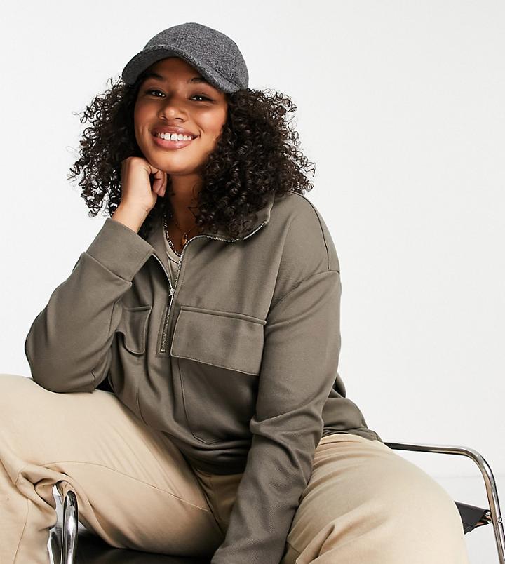 Mango Curve Half Zip Long Sleeved Sweatshirt With Front Pockets In Khaki-green