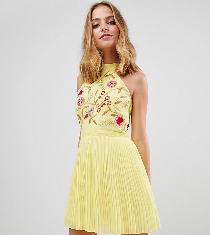 Frock And Frill Petite Embroidered Top Pleated Mini Dress-yellow