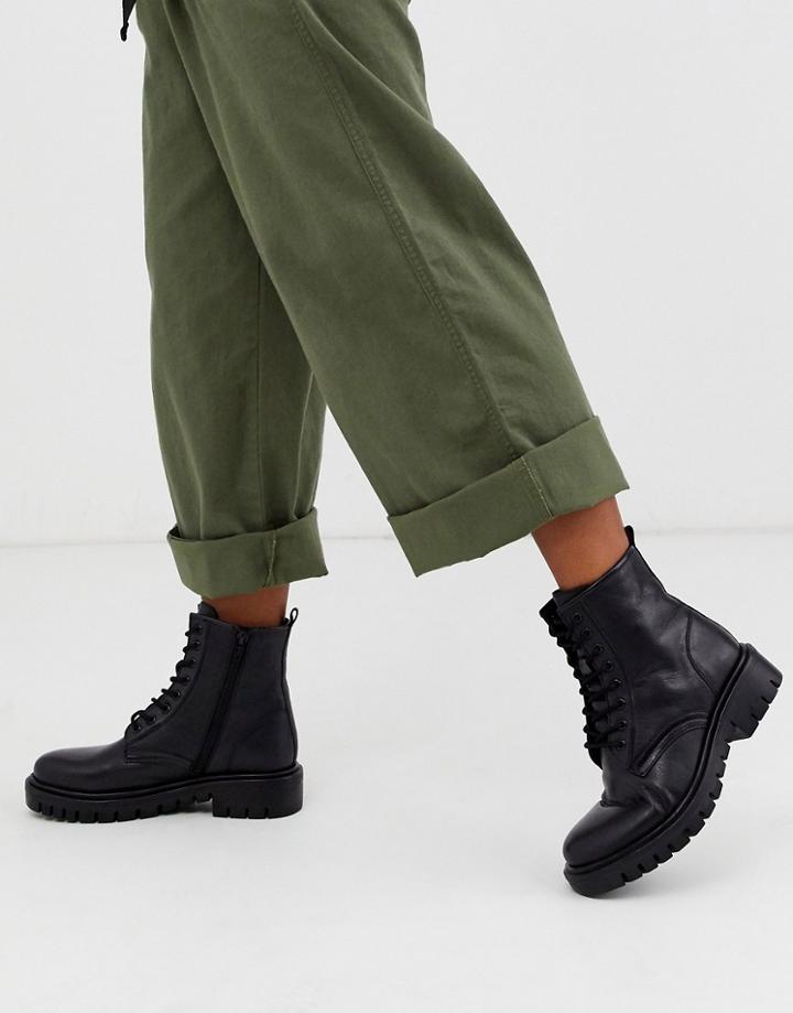 Rule London Chunky Lace Up Boots In Black Leather
