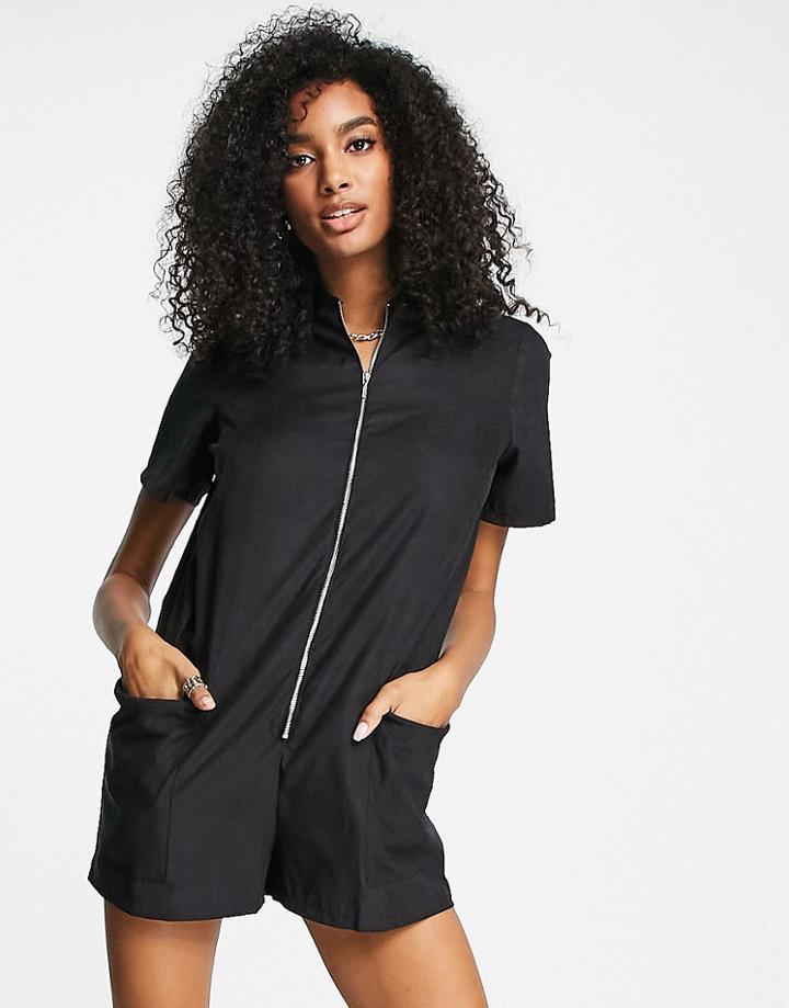 Asos Design Zip Front Minimal Romper In Black Cupro
