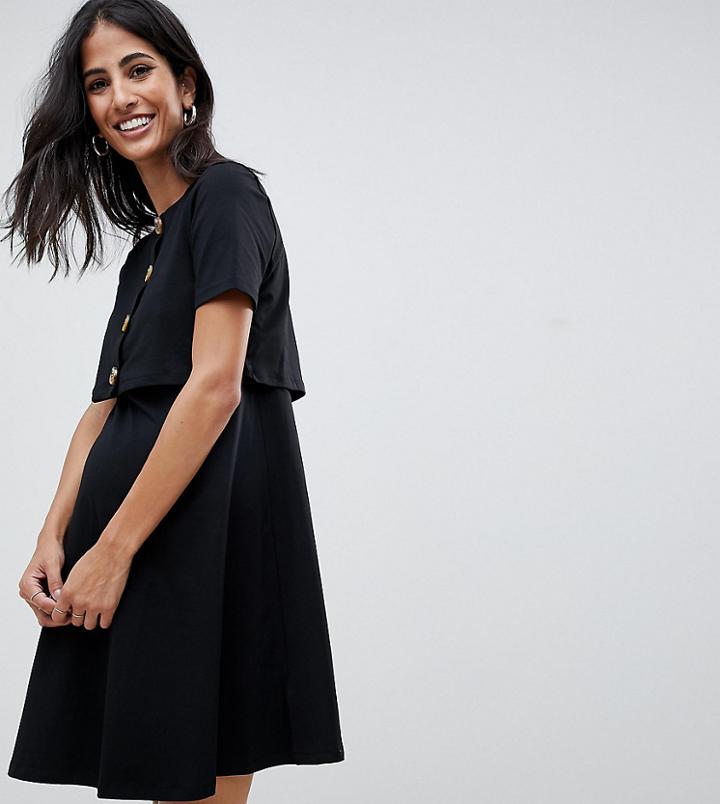 Asos Design Maternity Nursing Double Layer Smock Dress With Tortoiseshell Buttons - Black