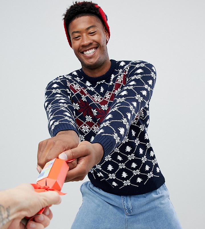Asos Design Tall Holidays Sweater With Festive Design In Navy - Navy