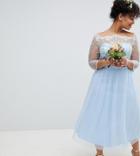 Chi Chi London Plus Bardot Neck Midi Dress With Premium Lace And Tulle Skirt - Blue