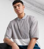 Asos Design Tall Oversized Polo Shirt With Zip Neck And Gray Woven Color Block-grey