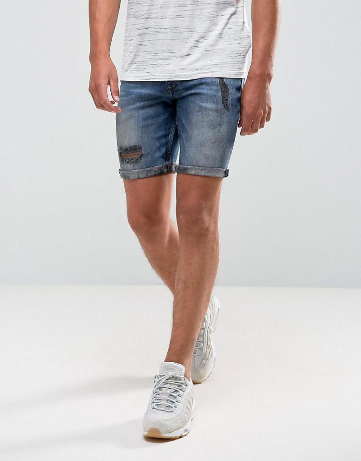 Asos Denim Shorts In Super Skinny Blue Black Wash With Rip And Repair - Blue