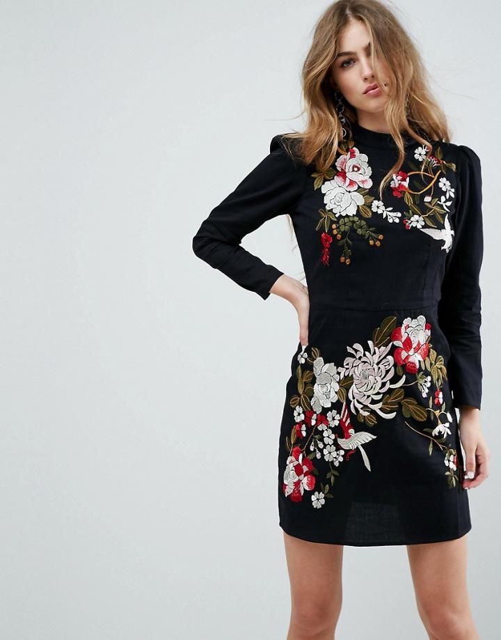 Asos Premium Embroidered Mini Dress - Blue